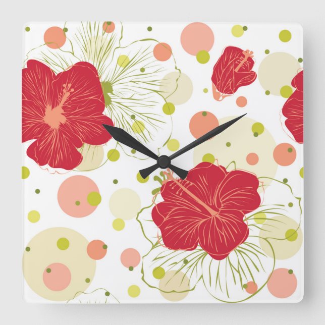 Hand Drawn Hibiscus Pattern Square Wall Clock (Front)