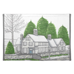 Hand Drawn Hilltop Inn Winter Cloth Placemat