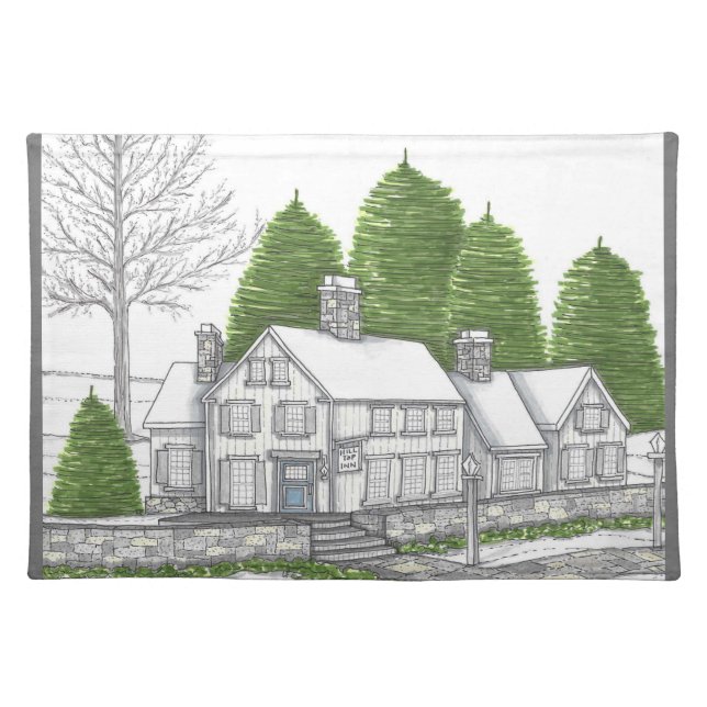 Hand Drawn Hilltop Inn Winter Cloth Placemat (Front)