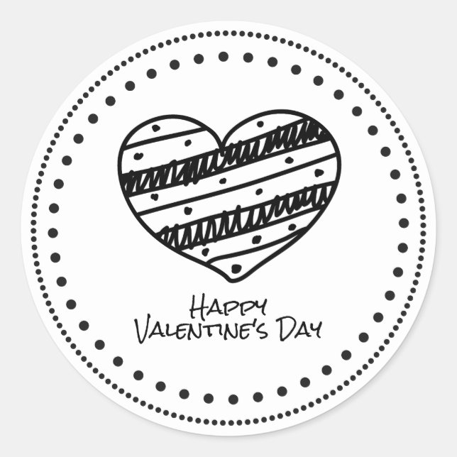 Hand-Drawn Hip Black & White Heart Happy Valentine Classic Round Sticker (Front)