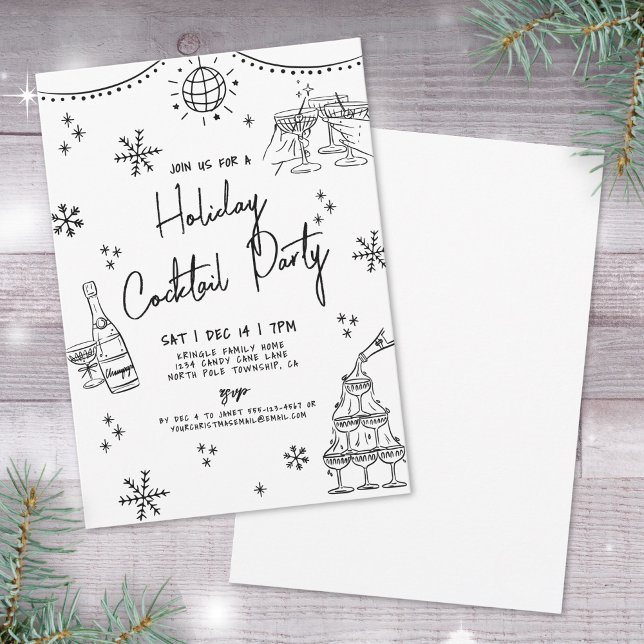 Hand Drawn Holiday Cocktail Party Invitation (Hand Drawn Whimsical Holiday Cocktail Party Invitation)
