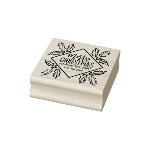 Hand Drawn Hollies Diamond Modern Merry Christmas Rubber Stamp