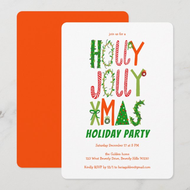 Hand Drawn Holly Jolly Christmas CUSTOM Holiday Invitation (Front/Back)