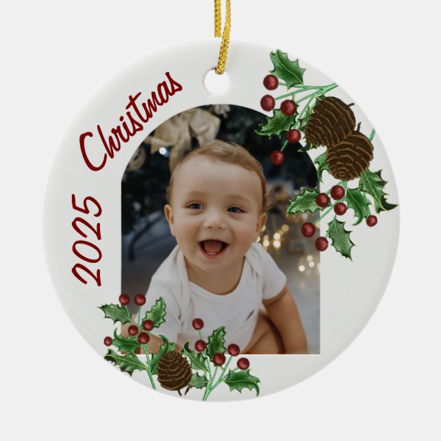Hand Drawn Holly & Pinecones Christmas Photo Ceramic Ornament (Front)