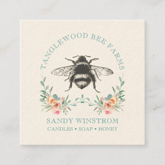 Hand Drawn Honey Bee Apiary Honey Products Square Business Card (Front)