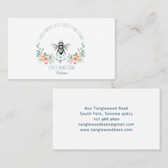 Hand Drawn Honey Bee Beekeeper Apiary Floral Business Card (Front/Back)