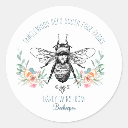 Hand Drawn Honey Bee Beekeeper Apiary Floral  Classic Round Sticker