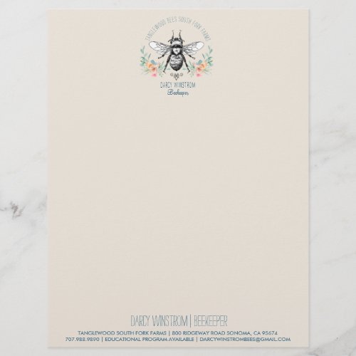 Hand Drawn Honey Bee Beekeeper Apiary Floral  Lett Letterhead