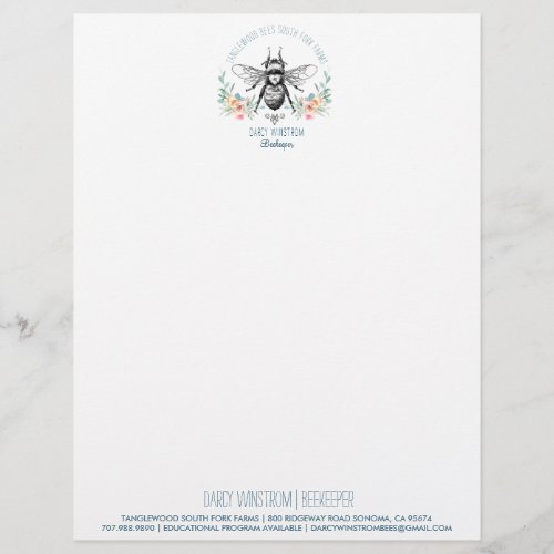 Hand Drawn Honey Bee Beekeeper Apiary Floral  Lett Letterhead