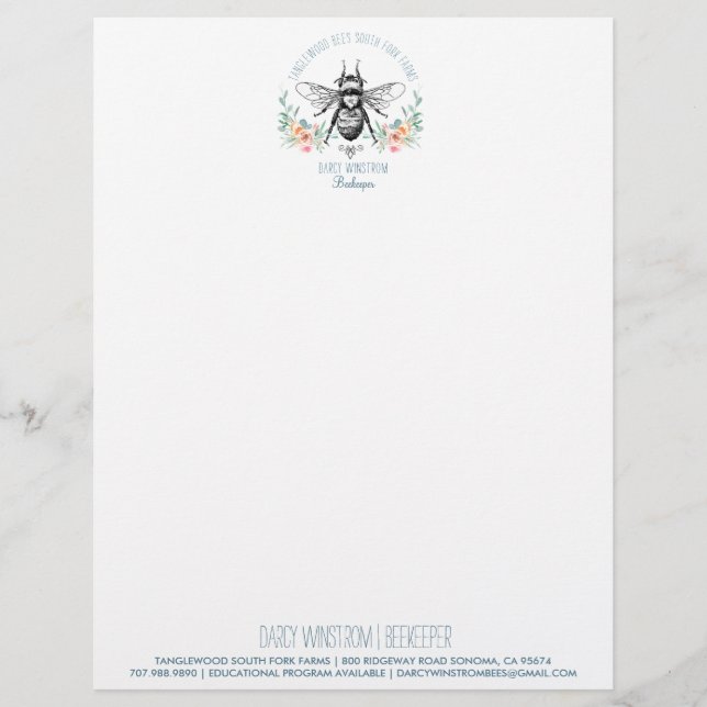 Hand Drawn Honey Bee Beekeeper Apiary Floral  Lett Letterhead (Front)