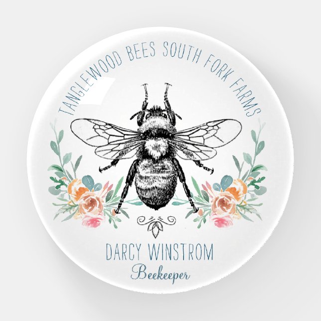 Hand Drawn Honey Bee Beekeeper Apiary Floral Paperweight (Front)