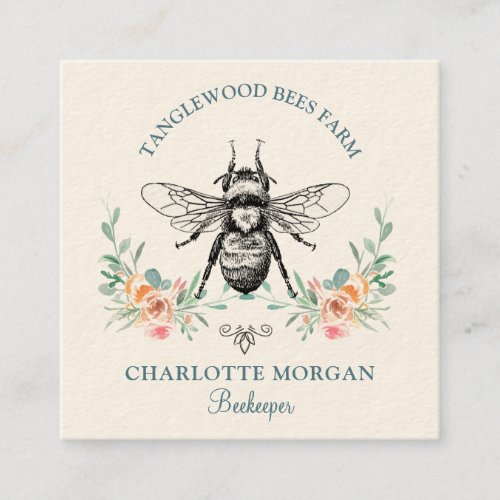 Hand Drawn Honey Bee Beekeeper Apiary Floral Squar Square Business Card