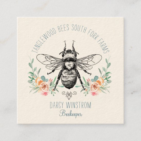 Hand Drawn Honey Bee Beekeeper Apiary Floral Square Business Card