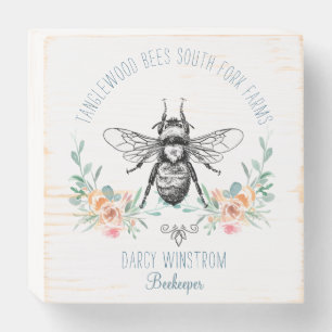 Hand Drawn Honey Bee Beekeeper Apiary Floral Wooden Box Sign