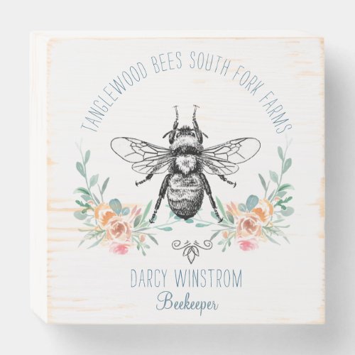 Hand Drawn Honey Bee Beekeeper Apiary Floral  Wooden Box Sign