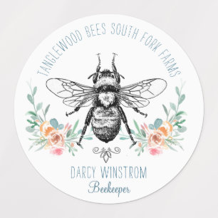 Hand Drawn Honey Bee Beekeeper Floral Honey Jar Labels