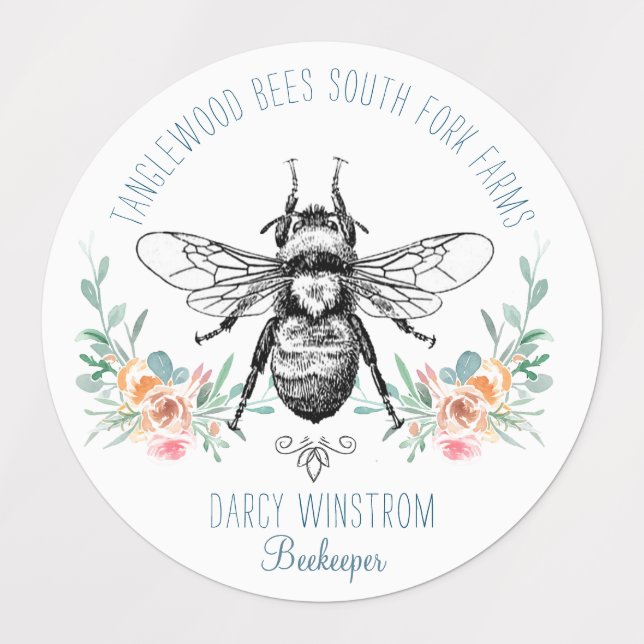 Hand Drawn Honey Bee Beekeeper Floral Honey Jar Labels (Design 1)