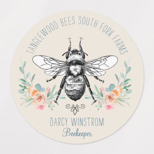 Hand Drawn Honey Bee Beekeeper Floral Honey Jar  Labels