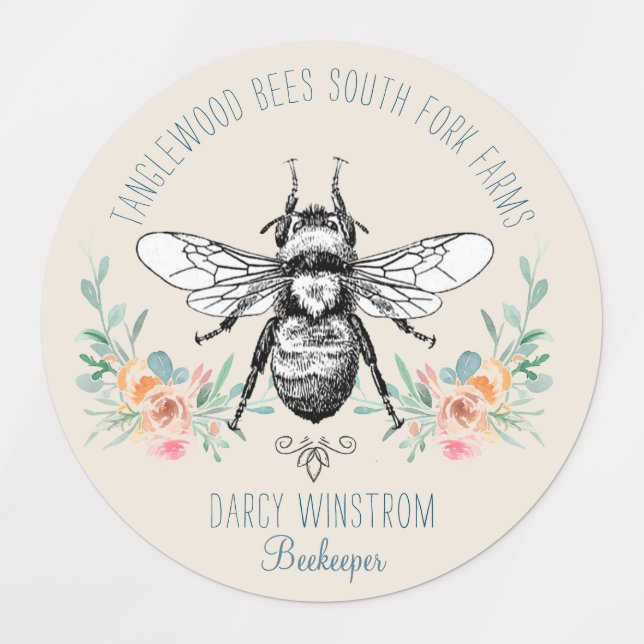 Hand Drawn Honey Bee Beekeeper Floral Honey Jar  Labels (Design 1)