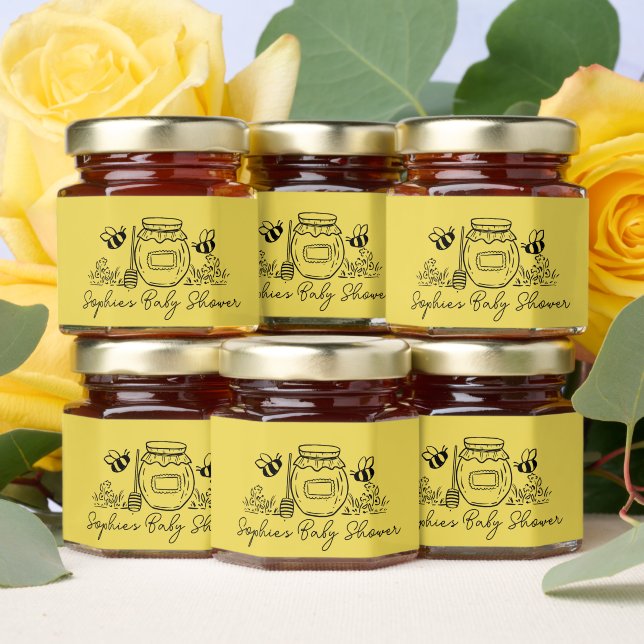 Hand-drawn Honey Jar & Bees Yellow Baby Shower Honey Jar Favors (Insitu)