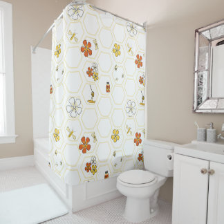 Hand-Drawn Honeycomb and Bumblebee Bathroom Shower Curtain