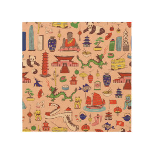 Hand-drawn Hong Kong motifs: seamless pattern Wood Wall Art