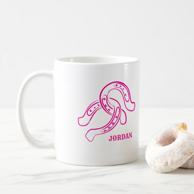 Hand-Drawn Horseshoes | Hot Pink Cowgirl Coffee Mug (With Donut)
