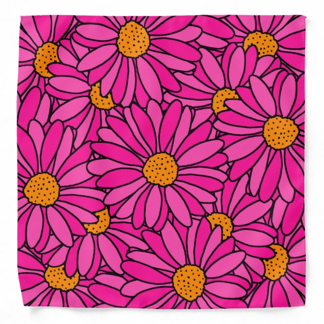 Hand Drawn Hot Pink & Orange Daisy Pattern Bandana (Front)