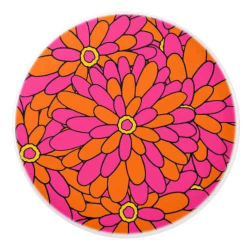 Hand Drawn Hot Pink Orange Zinnia Abstract Pattern Ceramic Knob