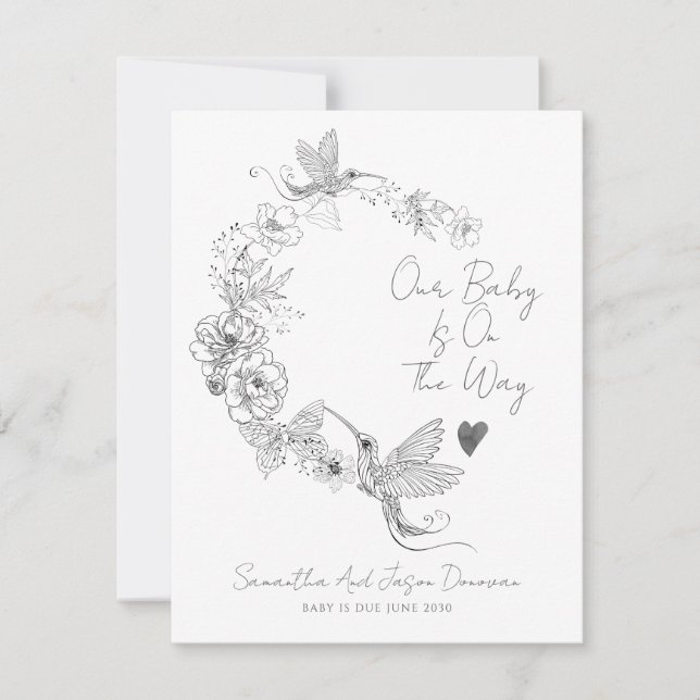 Hand Drawn Hummingbird Floral Botanical Pregnancy Announcement (Front)