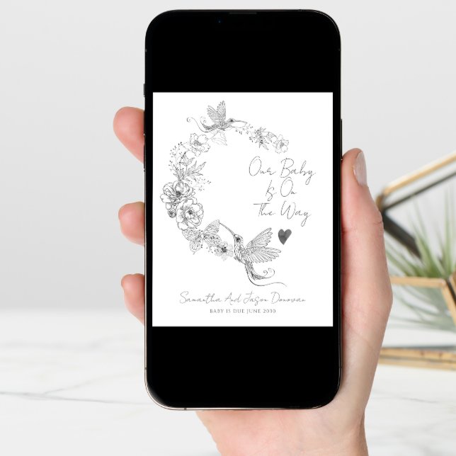 Hand Drawn Hummingbird Floral Botanical Pregnancy Announcement (Front Digital)