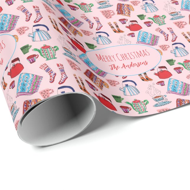 Hand-Drawn Hygge Christmas Cute Personalized Pink Wrapping Paper (Roll Corner)