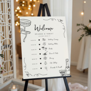 Hand Drawn Icons Wedding Day Timeline Welcome Sign