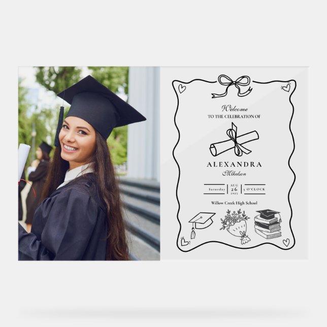 Hand Drawn Illustrated Black & White Graduation  Acrylic Sign (Front)