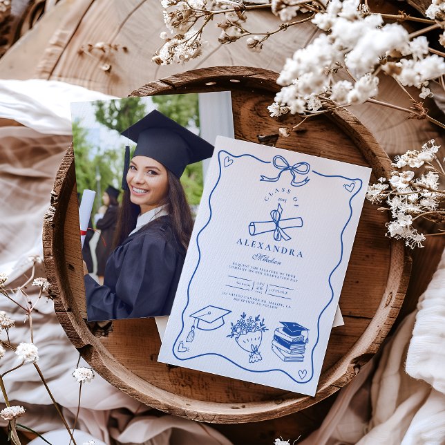 Hand Drawn Illustrated Blue Graduation Party Invitation (Creator Uploaded)