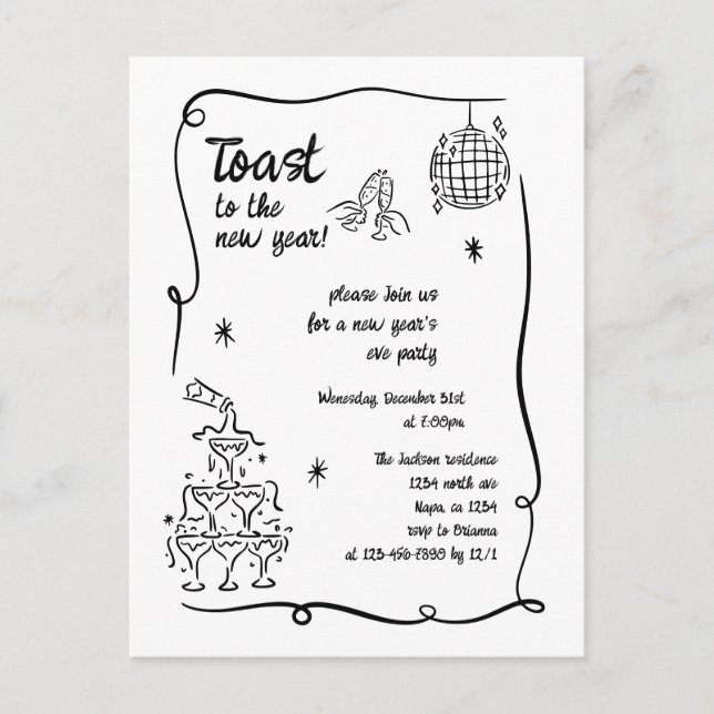 Hand Drawn Illustrated New Years Eve Party Holiday Postcard (Front)