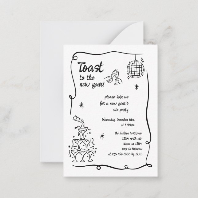 Hand Drawn Illustrated New Years Eve Party In Note Card (Front)