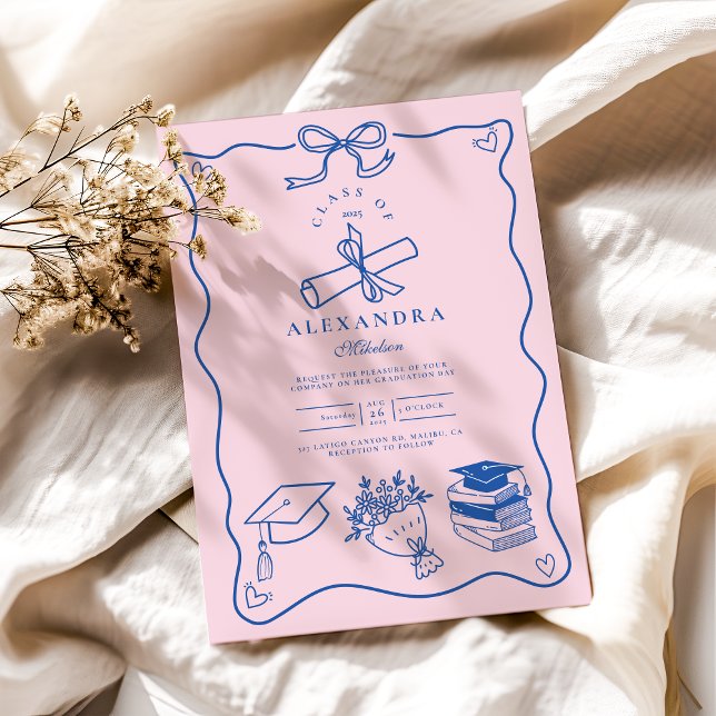 Hand Drawn Illustrated Pink & Blue Grad Invitation (Creator Uploaded)