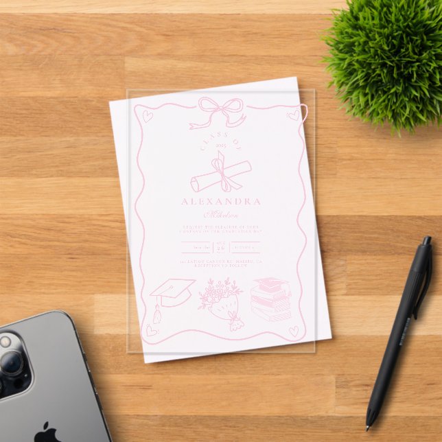 Hand Drawn Illustrated Pink Graduation Party Acrylic Invitations (Insitu (Invitation Card))