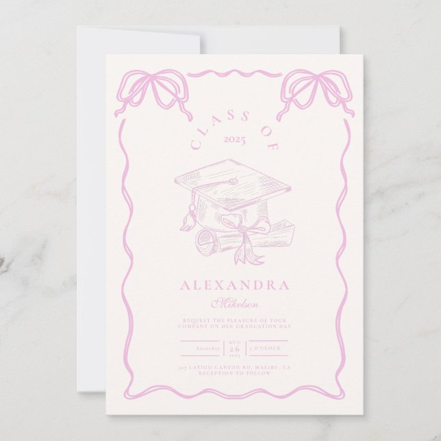 Hand Drawn Illustrated Pink Graduation Party Invitation (Front)