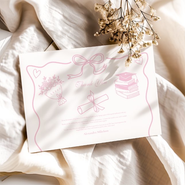 Hand Drawn Illustrated Pink Graduation Party Thank You Card (Creator Uploaded)
