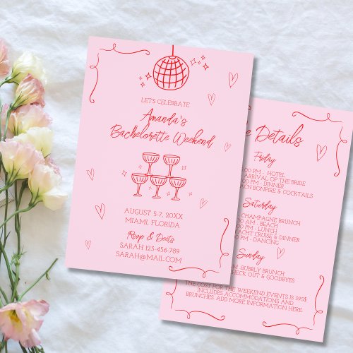 Hand Drawn Illustrated Pink  Red Bachelorette Invitation
