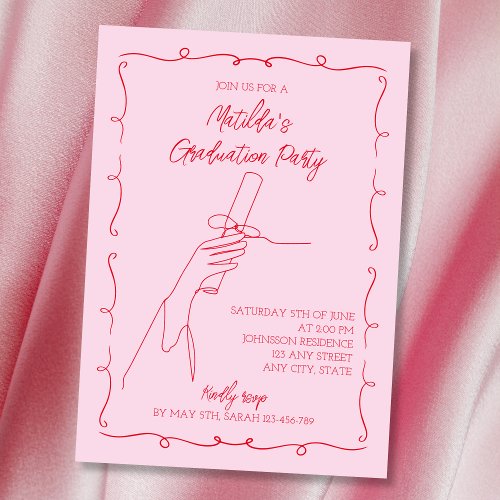 Hand Drawn Illustrated Pink  Red Graduation Party Invitation