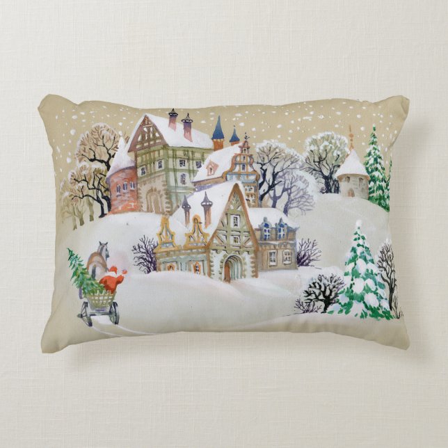 Hand drawn illustration with winter landscape and  accent pillow (Front)