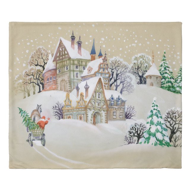 Hand drawn illustration with winter landscape and  duvet cover (Front)