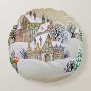 Hand drawn illustration with winter landscape and round pillow