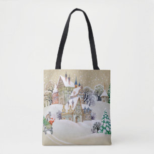 Hand drawn illustration with winter landscape and tote bag