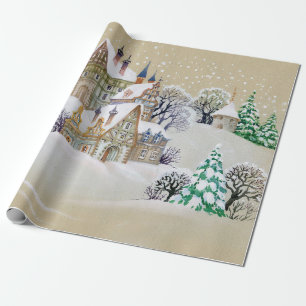 Hand drawn illustration with winter landscape and wrapping paper