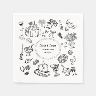 Hand Drawn Illustrations, Bar Cocktail Wedding  Napkins