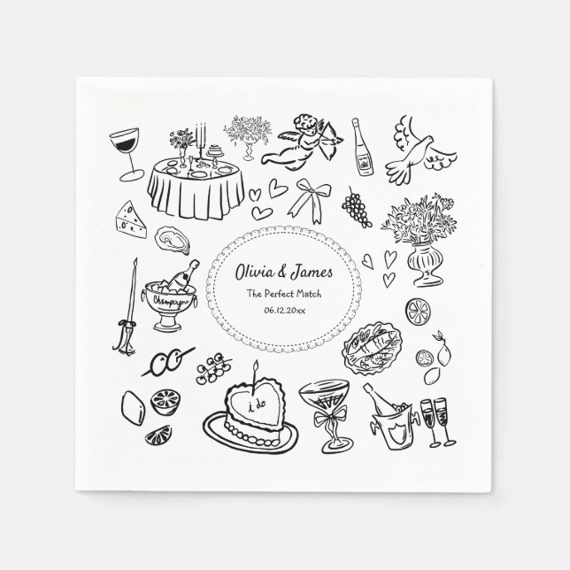 Hand Drawn Illustrations, Bar Cocktail Wedding  Napkins (Front)